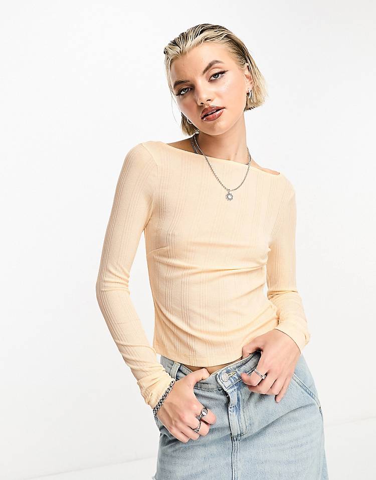 COLLUSION Slash neck long sleeve top in ecru